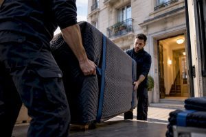Des déménageurs chargent un meuble à Lausanne