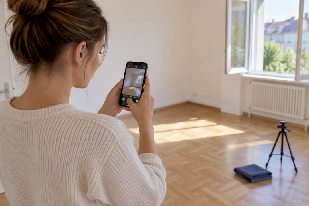 Locataire prenant en photo une pièce propre