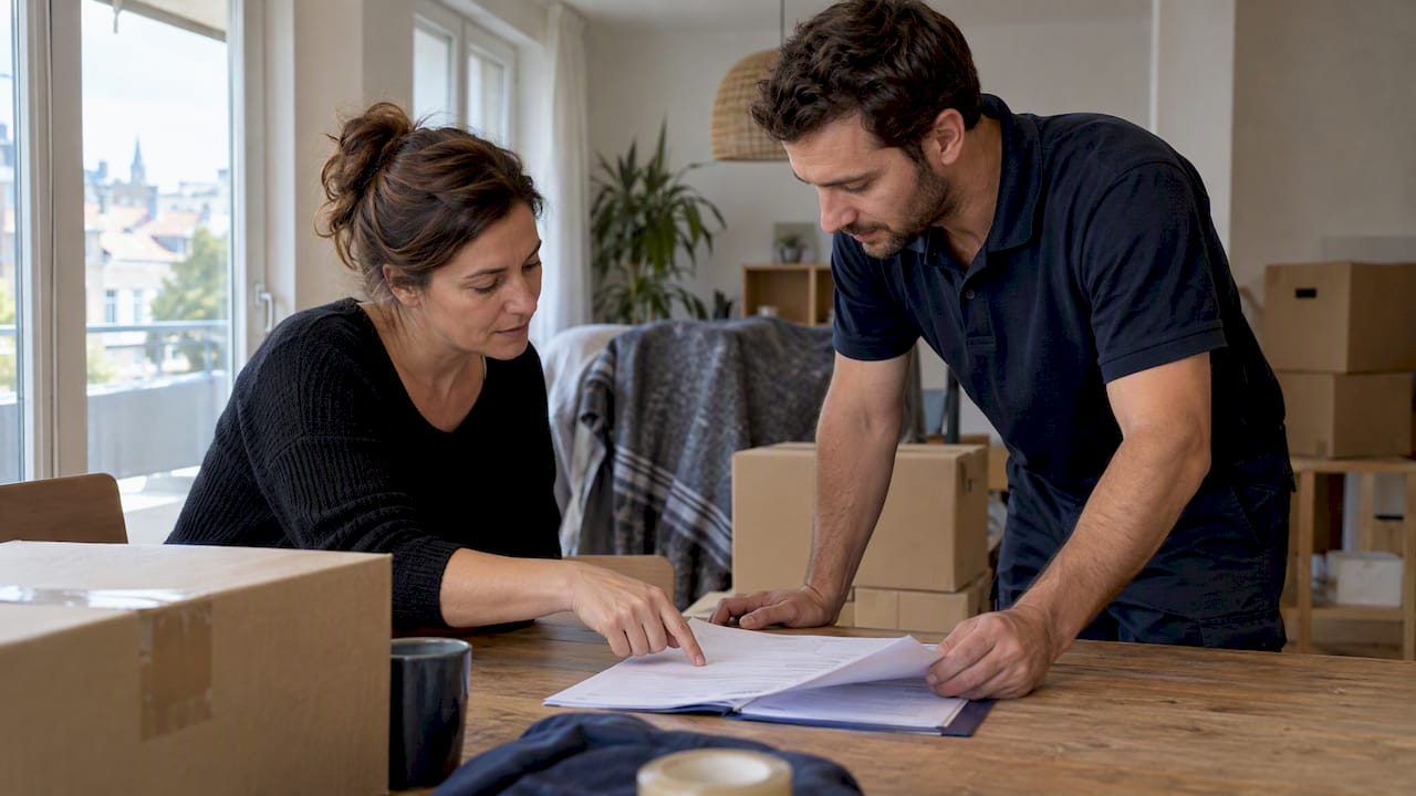 Cliente en train de vérifier le devis et l'assurance avec le déménageur