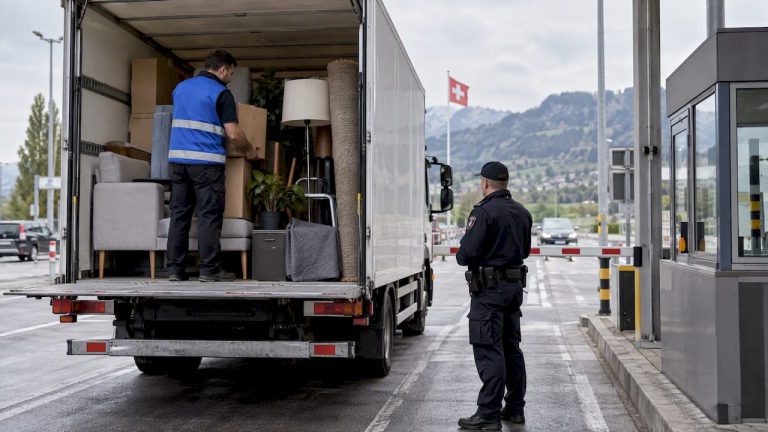 Camion de déménagement au contrôle douanier suisse