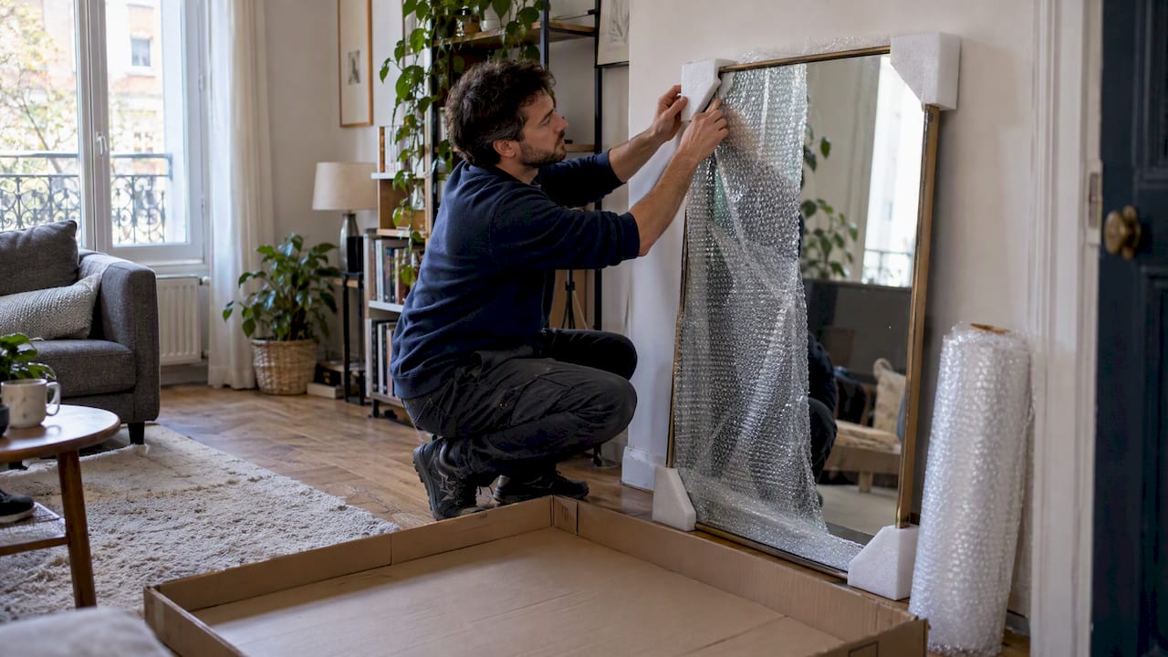 Miroir emballé en toute sécurité avant le déménagement