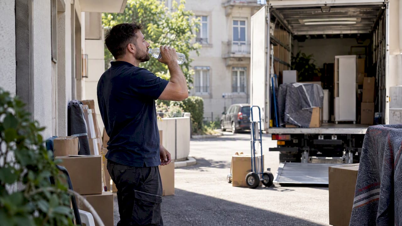 Déménageur qui fait une pause à l’ombre pendant la canicule