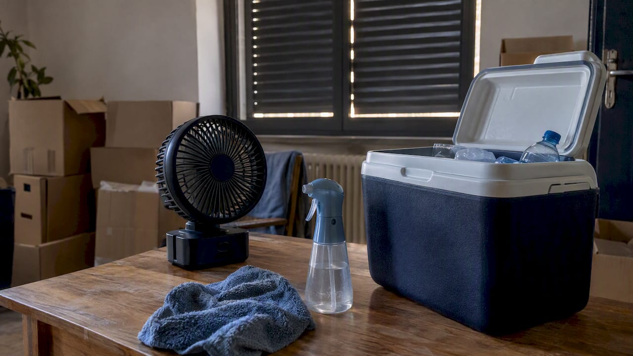 Ventilateur, brumisateur et glacière dans une pièce fraîche