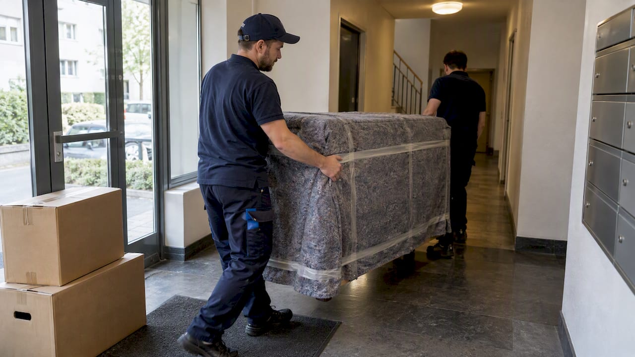 Des déménageurs portant des cartons dans un bâtiment