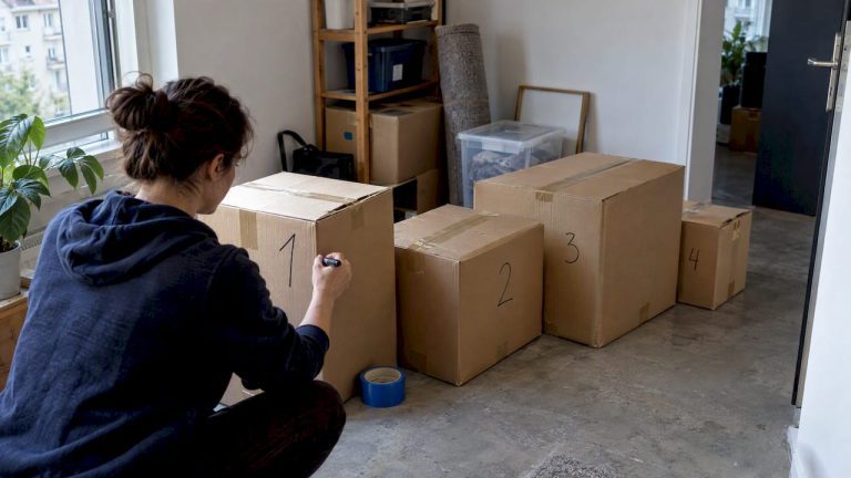 Boîtes de déménagement numérotées dans un rangement