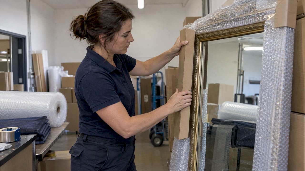 Renforts en carton autour d'un miroir encadré pour le protéger