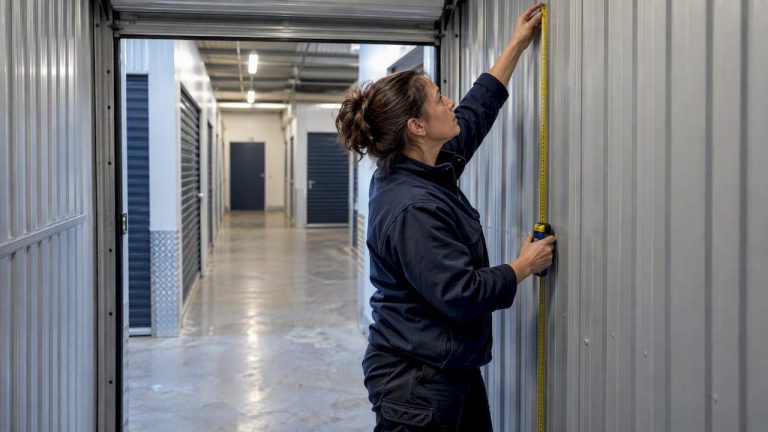 Une cliente mesure la hauteur d’un box de stockage