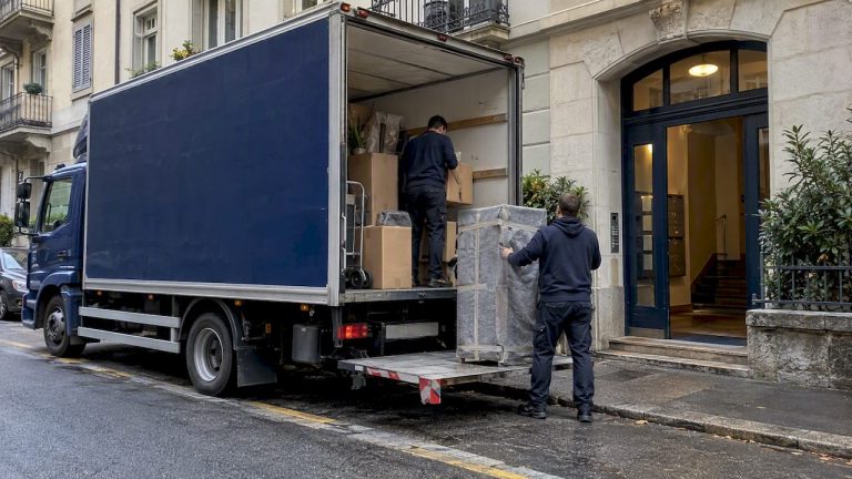 Camion de déménagement garé devant un immeuble à Lausanne
