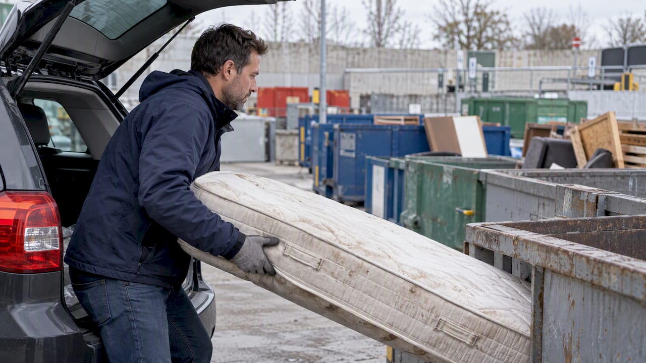 Un habitant déposant un matelas à la déchèterie